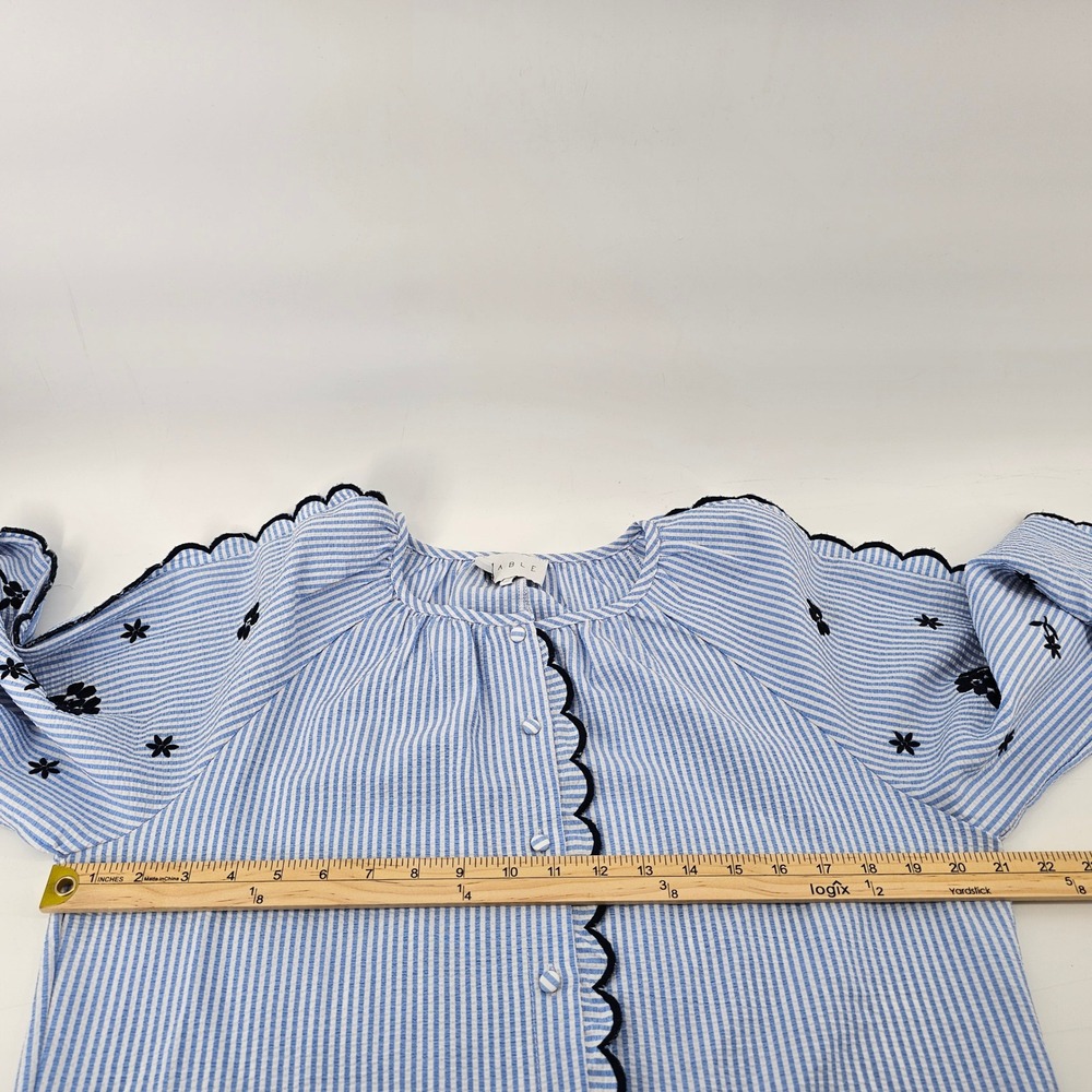 Mable Romper Women Small Blue White Striped Floral Embroidered Scallop Trim Boho - Picture 3 of 6